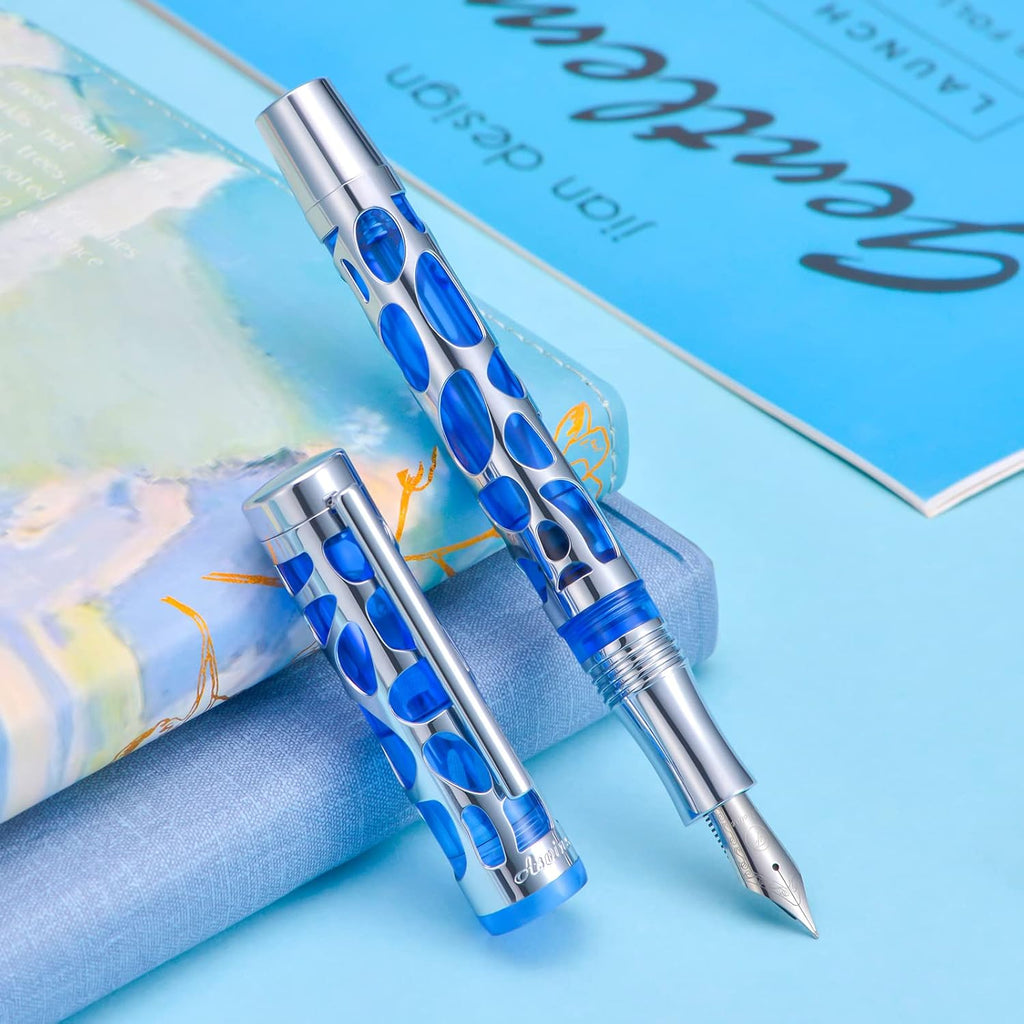 Asvine V169 Vacuum Filling Fountain Pen Medium Nib, Water Drop Skeleton Transparent Blue Acrylic Pen Case Set