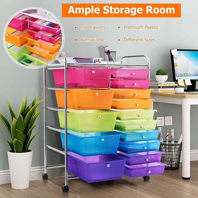 Giantex 15-Drawers Rolling Storage Cart, Mobile Book Paper Organizer Utility Trolley with Wheels, Ideal for School, Office, Home (Rainbow)