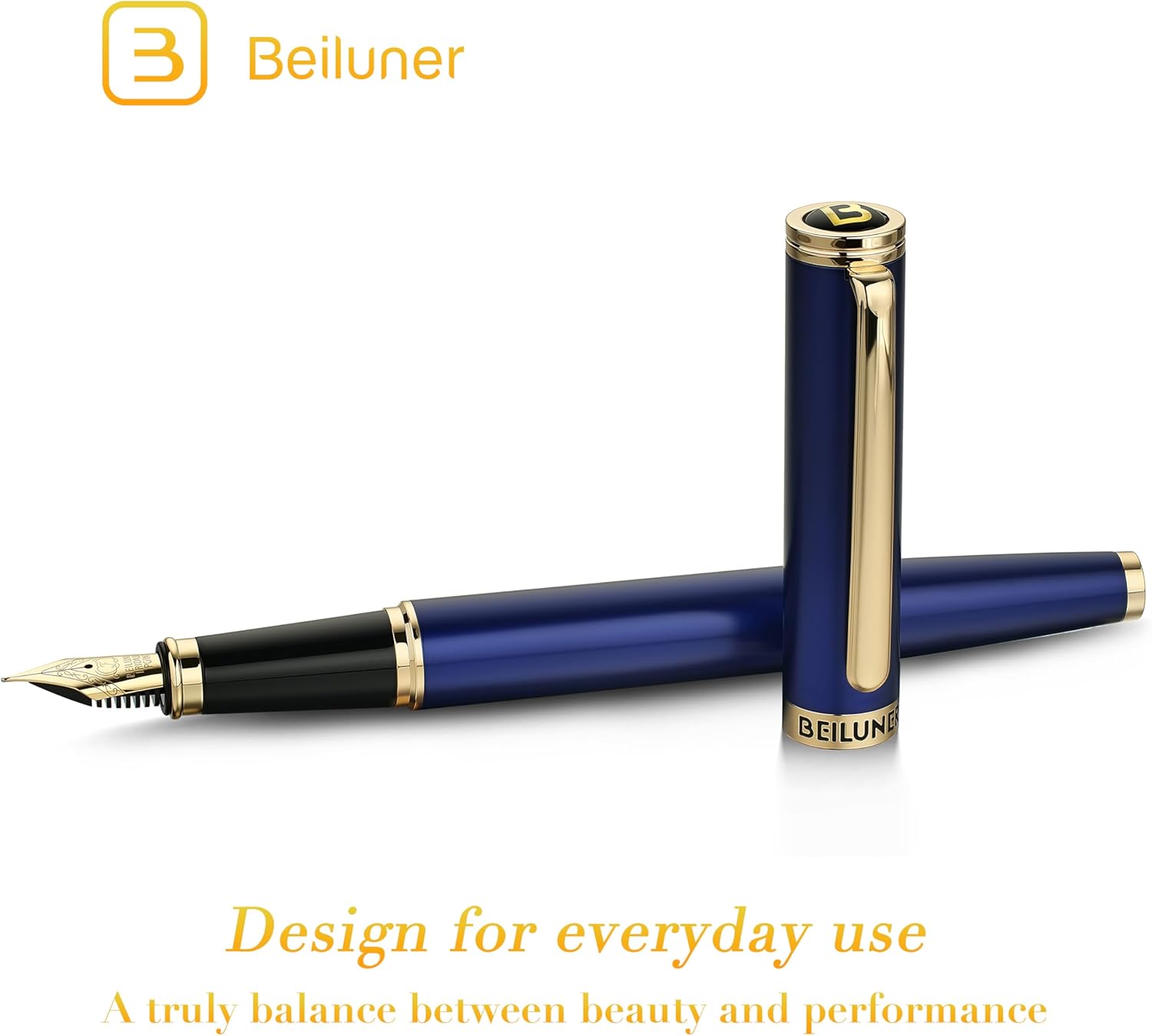 BEILUNER Blue Fountain Pen,Stunning Luxury Lacquer, 24K Gilded Nib(Fine),Gorgeous 24K Gold Accents, with Ink Converter,Fancy Gift for Men&Women-Smooth,Elegant,Graduation,Reliable,Nice Pens for Writing