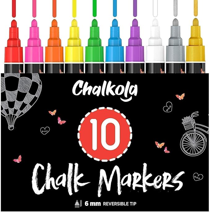 Chalkola Liquid Chalk Markers Erasable (10 Pack) w/Gold & Silver - Washable Paint Chalk Pens for Chalkboard Signs, Blackboard, Car Window, Bistro, Glass, Board - Neon Wet Wipe 6mm Reversible Bold Tip