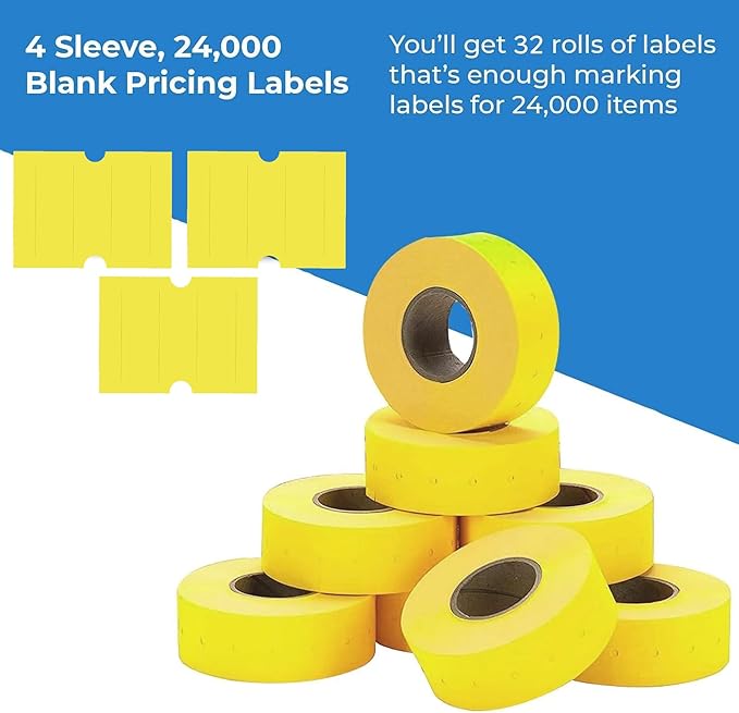 Perco 2 Line Yellow Labels - 32 Rolls, 4 Sleeves, 24,000 Blank Price and Date Gun Labels for Perco 2 Line Price and Date Guns - Made in USA