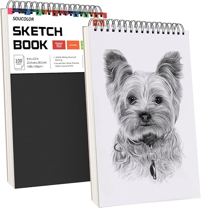 Soucolor 9" x 12" Sketch Book, 2-Pack 100 Sheets Spiral Bound Art Sketchbook, Acid Free (68lb/100gsm) Artist Drawing Book Paper Painting Sketching Pad