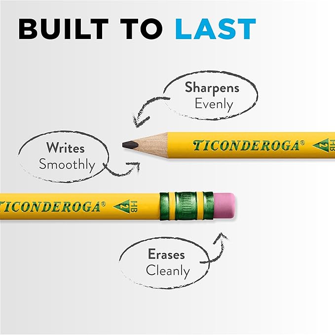 Ticonderoga My First Short Triangular Wood-Cased Pencils, #2 HB Soft, With Erasers, Yellow, 4 Count