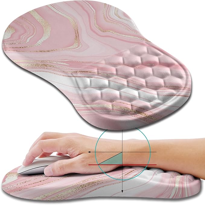 Hokafenle Ergonomic Mouse Pad Wrist Support, Wrist Rest Mousepad for Carpal Tunnel Pain Relief with Integrated Memory Foam Slope Massage Bulge (11.8x7.9 inch,Pink Fluid
