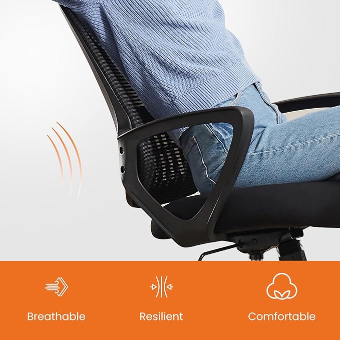 Sweetcrispy Home Office Computer Desk Chair, Ergonomic Managerial Executive Mid-Back Mesh Rolling Work Swivel Chairs with Wheels, Comfortable Lumbar Support, Comfy Arms for Bedroom, Study, Student