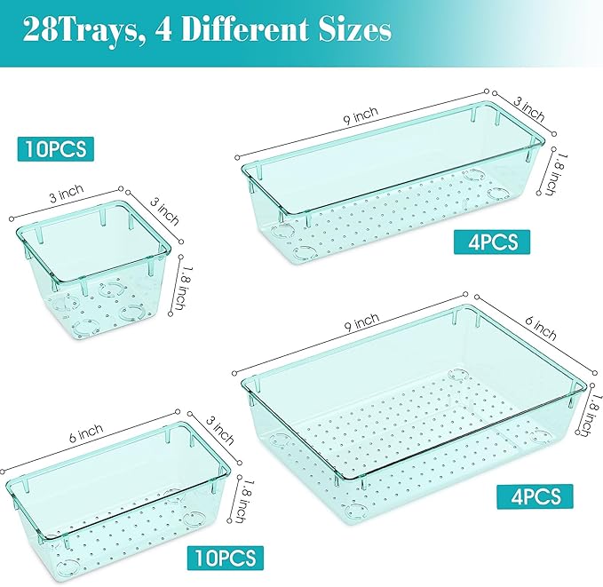 28 PCS Clear Plastic Drawer Organizers Set, 4 Size Desk Drawer Organizer Trays for Makeup, Jewelry, Kitchen Utensils, Gadgets and Office Accessories, Sea Blue