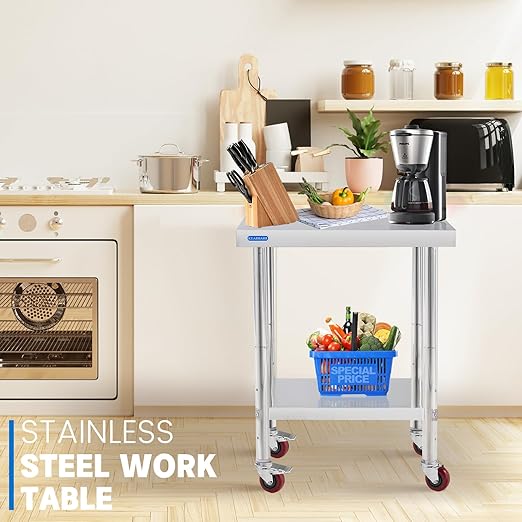 Stainless Steel Table for Prep & Work with 4 Caster Wheels with Undershelf 18 x 24 NSF Metal Commercial Kitchen Prep Table with Adjustable Under Shelf Worktable for Restaurant Home Outdoor