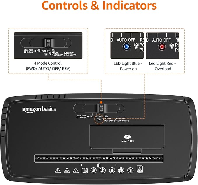Amazon Basics 8-Sheet Strip Cut Paper, CD, and Credit Card Shredder, Compact, No Basket, Portable with Extendable Arm, Black