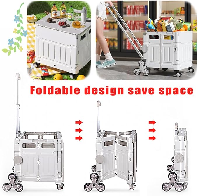 Foldable Utility Cart with Stair Climbing Wheels,Folding Portable Rolling Crate Handcart with Aluminium Alloy Telescoping Handles, Handcart for Grocery Book File Tool Art Supplies