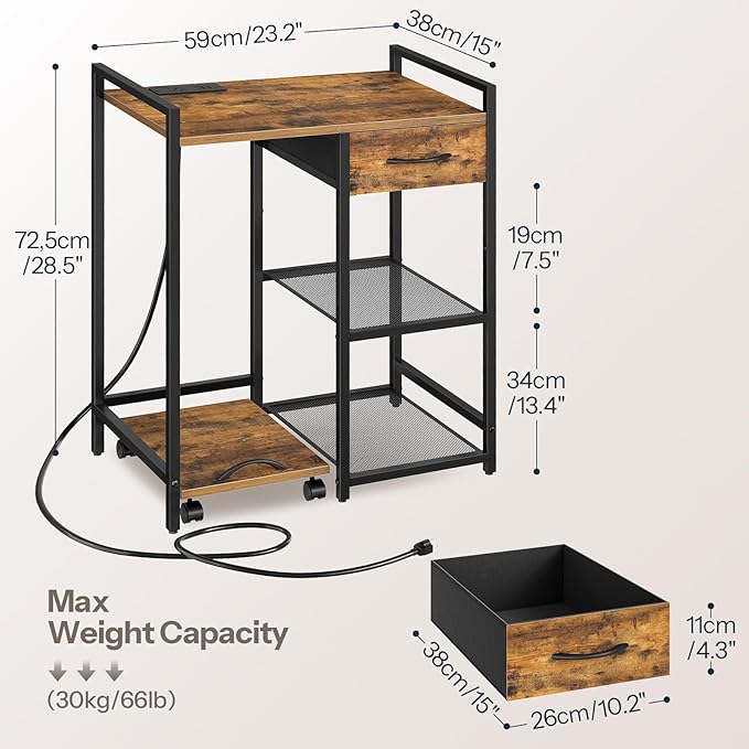 HOOBRO Printer Stand with Charging Station, Printer Shredder Stand with Fabric Drawer, Table for Fax Machine, Printer Storage Office Organizer, for Home Office, Rustic Brown and Black BF72UPS01