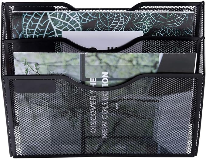 EASEPRES 3 Pocket Mesh Hanging Wall File Organizer, Wall Mounted Mail Paper Document Folder Holder, Clipboard Storage Organization Magazine Rack with Nametag Label for Office Home School, Black