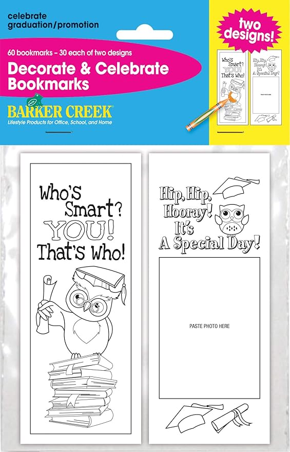 Barker Creek Bookmark Duets, Color Me Celebrate Graduation, 2 Designs, Adult Coloring Book Style, Celebrate Graduation with these Fun Bookmarks, 60 Bookmarks, 30 each of 2 Designs, 2.5" x 6" (2192)