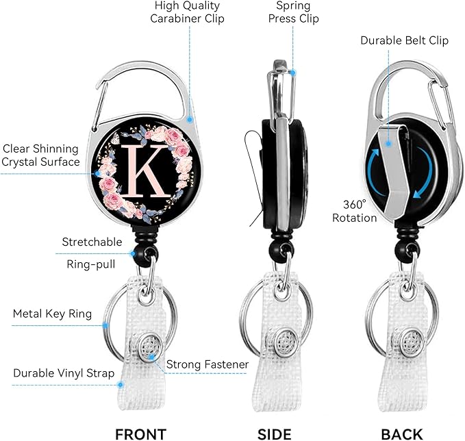 A-Z Badge Holder with Retractable Reel and Breakaway Lanyard Badge Clips Retractable Heavy Duty Badge Reel，Keychain，ID Holder with Breakaway Lanyard for School Nurse Office Teen K