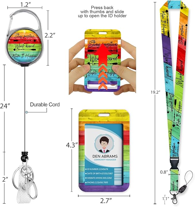 Lanyards for Id Badges, Positive Badge Holder with Retractable Reel Clip, Inspirational Quote Name Tag Keychain Rainbow Lanyard Vertical ID Card Protector for Women Nurse Doctor Teacher Student