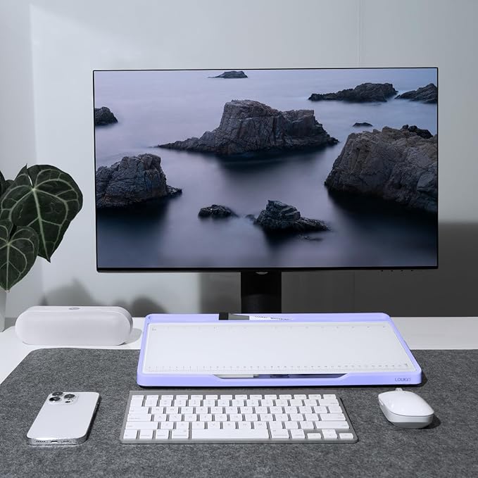 LOUKIN Glass Desktop Whiteboard, 15.3" x 5.6" Desktop Dry Erase Board with Dotted and Graduated Surface, Desktop Buddy, Great for Design and Drawing, 3 Markers and 1 Dry Erase Eraser Included (Purple)