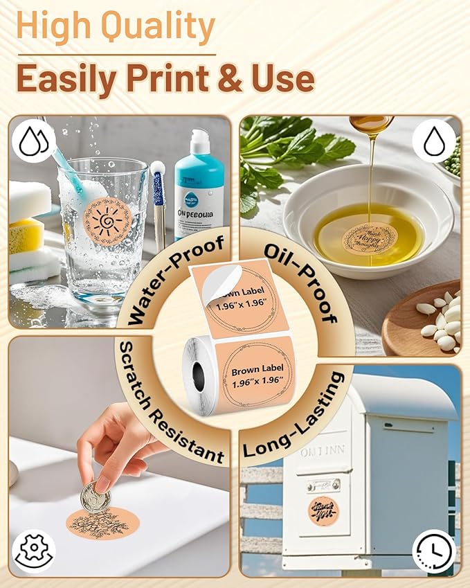 Phomemo Labels-Brown Sticker Circle Thermal Label for Jam and Jelly Jar Labels, and More (1.96" x 1.96" Round, 140 Labels/Roll) Compatible with M110/M220/M221/M110/M120/M250, Black on Brown, 50 x 50mm