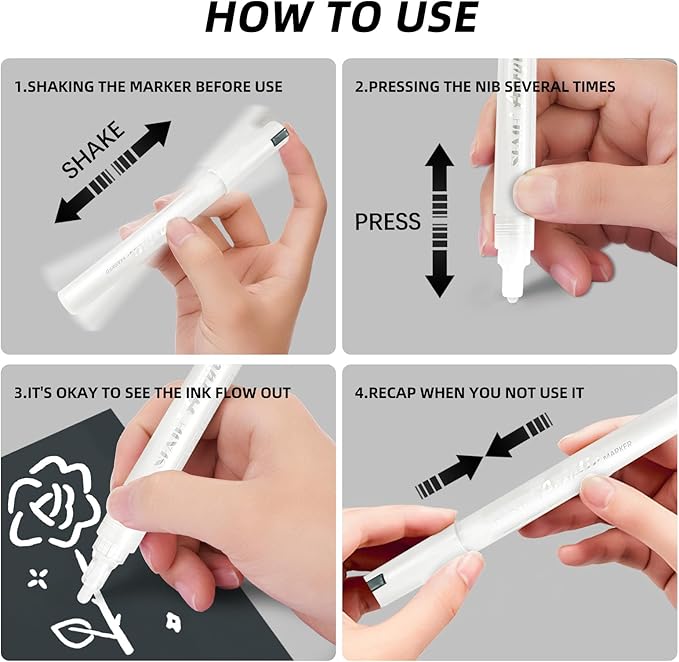 SFAIH White Paint Markers Paint Pens - 12 Pack Acrylic Permanent Marker for Rock Painting, Wood, Metal, Fabric, Plastic, Canvas, Glass, Ceramic, Art Projects, 2-3MM Medium Tip & 0.7mm Extra Fine Tip