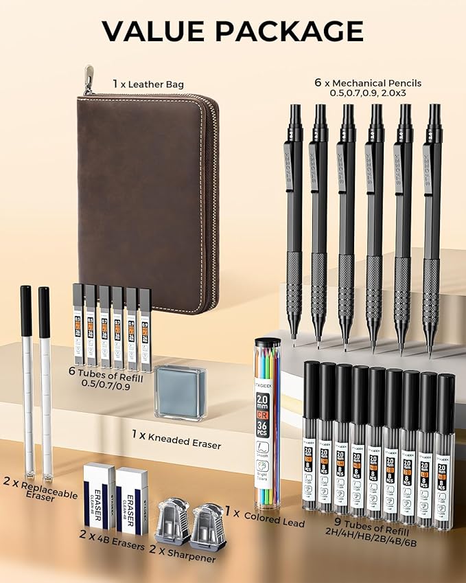 30Pcs Metal Mechanical Pencil Set with Leather Case, 0.5/0.7/0.9/2.0mm Art Drafting Pencils, 16 Tubes Graphite Leads (6B 4B 2B HB 2H 4H) with Colored Leads for Sketching Drawing Writing(Black)