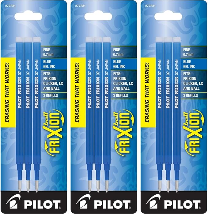 Pilot Gel Ink Refills for FriXion Erasable Gel Ink Pen, Fine Point, Blue Ink, 3 Packs 9 refills total