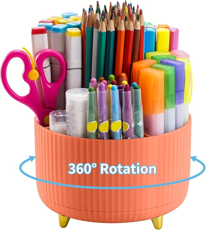 Marbrasse Desk Organizer, 360-Degree Rotating Pen Holder for Desk, Desk Organizers and Accessories with 5 Compartments Pencil Organizer, Art Supply Storage Box Caddy for Office, Home （Orange）