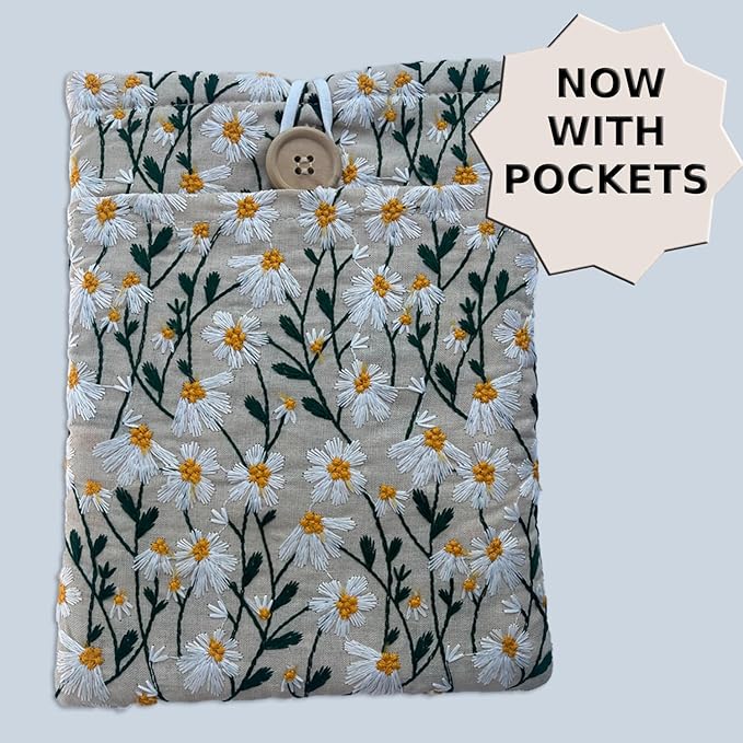 Embroidered White Daisy Book Sleeve. Book Cover/Protector