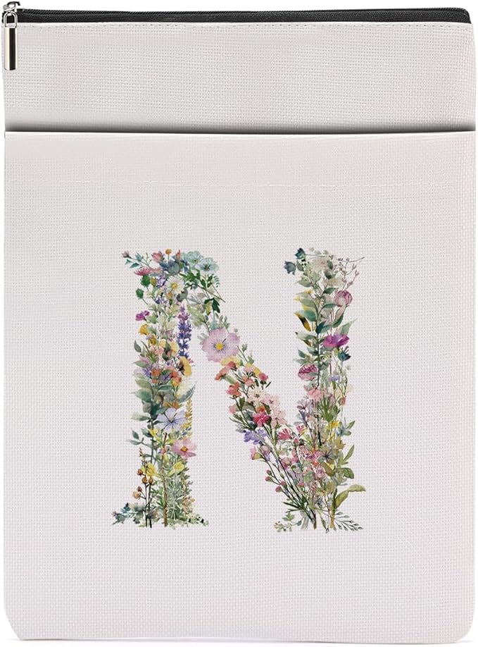 Monogrammed Book Sleeve Floral N Initial Book Pouch Book Accessories Book Lovers Gifts Waterproof Book Cover Book Protector Bookish Gifts Personalized Gifts for Women Girls Readers Bride Wife