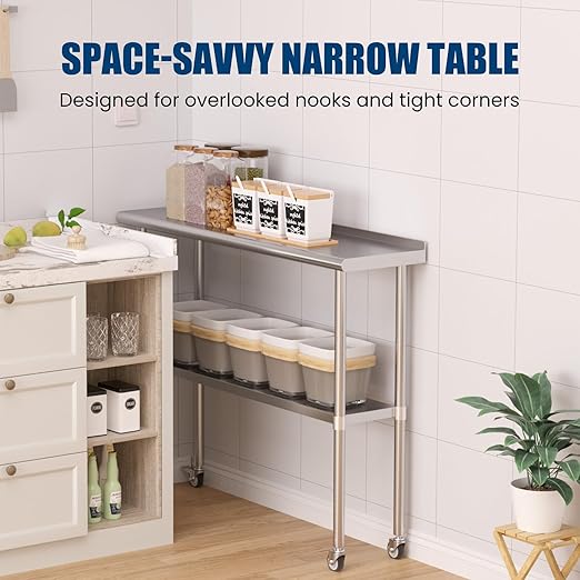 Stainless Steel Table with Wheels 14 x 48 Inches Metal Prep Table with Backsplash & Caster, Adjustable Undershelf for Commercial Kitchen, Outdoor, Restaurant, Hotel & Garage