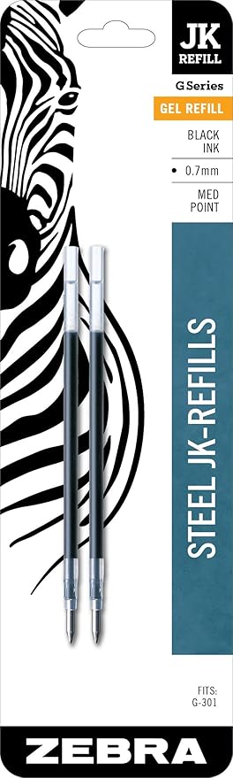 Zebra Pen G-Series Stainless Steel Gel Ink Pen JK-Refill, Medium Point, 0.7mm, Black Ink, 2-Pack
