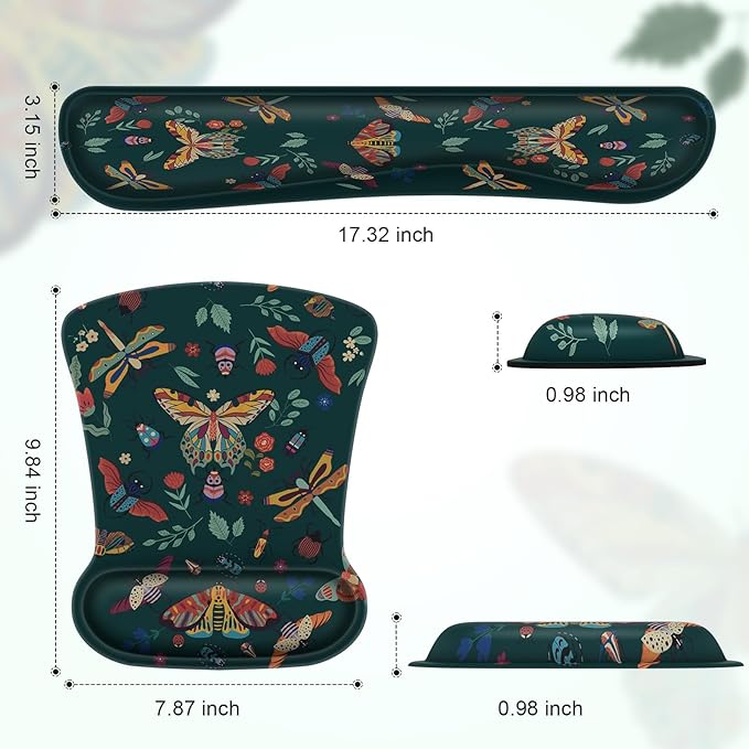 iCasso Ergonomic Mouse Pad with Wrist Rest, Keyboard Wrist Rest Mouse Wrist Rest, Made of Memory Foam, Easy Typing and Relieve Wrist Pain, Perfect for Computer Keyboard Office(Green Butterfly)