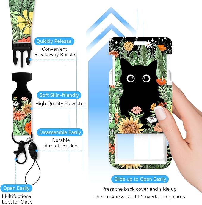 Cute Cat Hidden in The Flowers Badge Holder with Retractable Reel and Breakaway Lanyard，Badge Clips Retractable Heavy Duty Badge Reel，ID Holder with Breakaway Lanyard for School Nurse Office Teen ﻿2