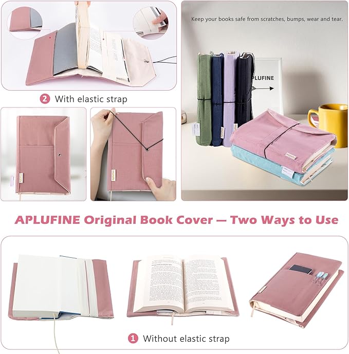 Canvas Book Covers, Washable Book Protector, Book Cover for Paperback Novels, Adjustable Book Cover for Hardcover with Pockets for Pen, Soft Cover Books, Book Lovers Gifts