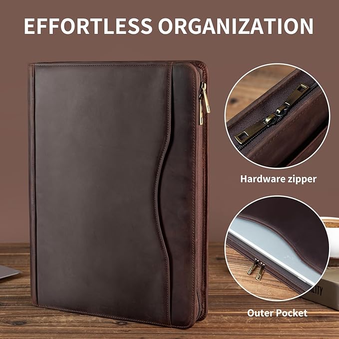 YIWEN Handmade Crazy-Horse Leather 3 Ring Binder Portfolio Padfolio Folder with Zipper for Men and Women, Business Organizer for Letter A4 Size for Meeting and Travel (Non-custom, Dark Brown)