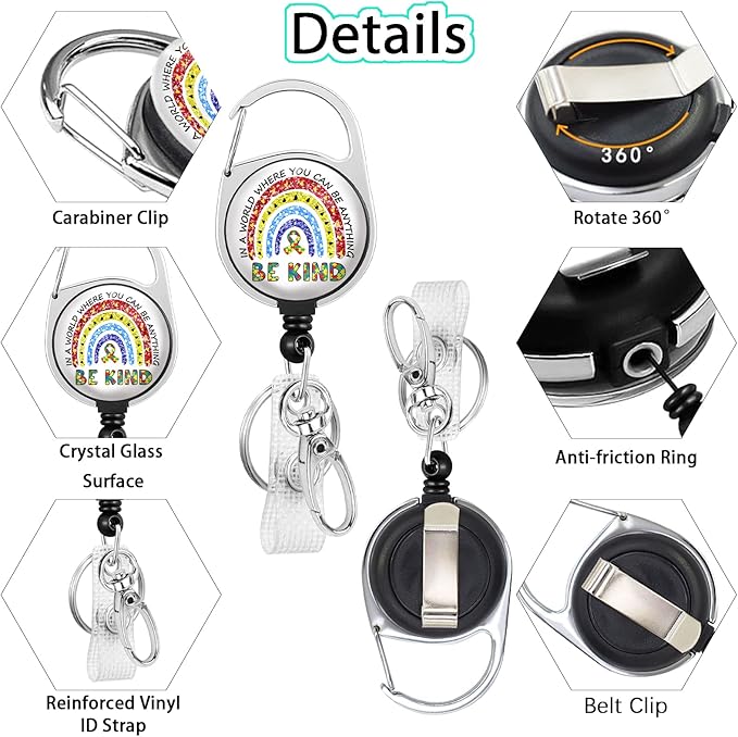Autism Awareness Badge Reel Retractable Heavy Duty with 360°Swivel Carabiner Clip, Cute Be Kind Rainbow ID Badge Holder Retractable, Nurse Teacher ID Card Holder Retractable Keychain Name Badge Clip
