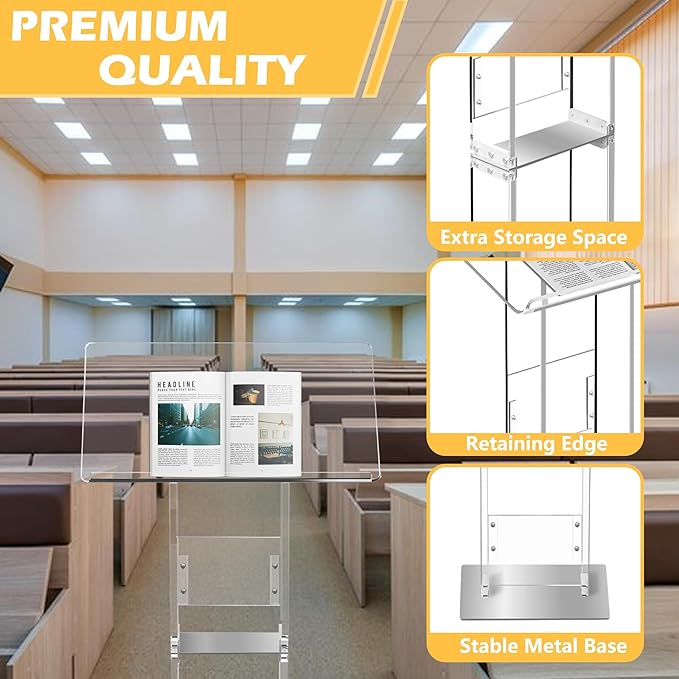 Podium Stand, Lecterns & Podiums, Acrylic Adjustable Angles with Metal Base, Podium for Church, Weddings, Classroom, Speech, 24" L x 16" W x 43.5" H, Clear