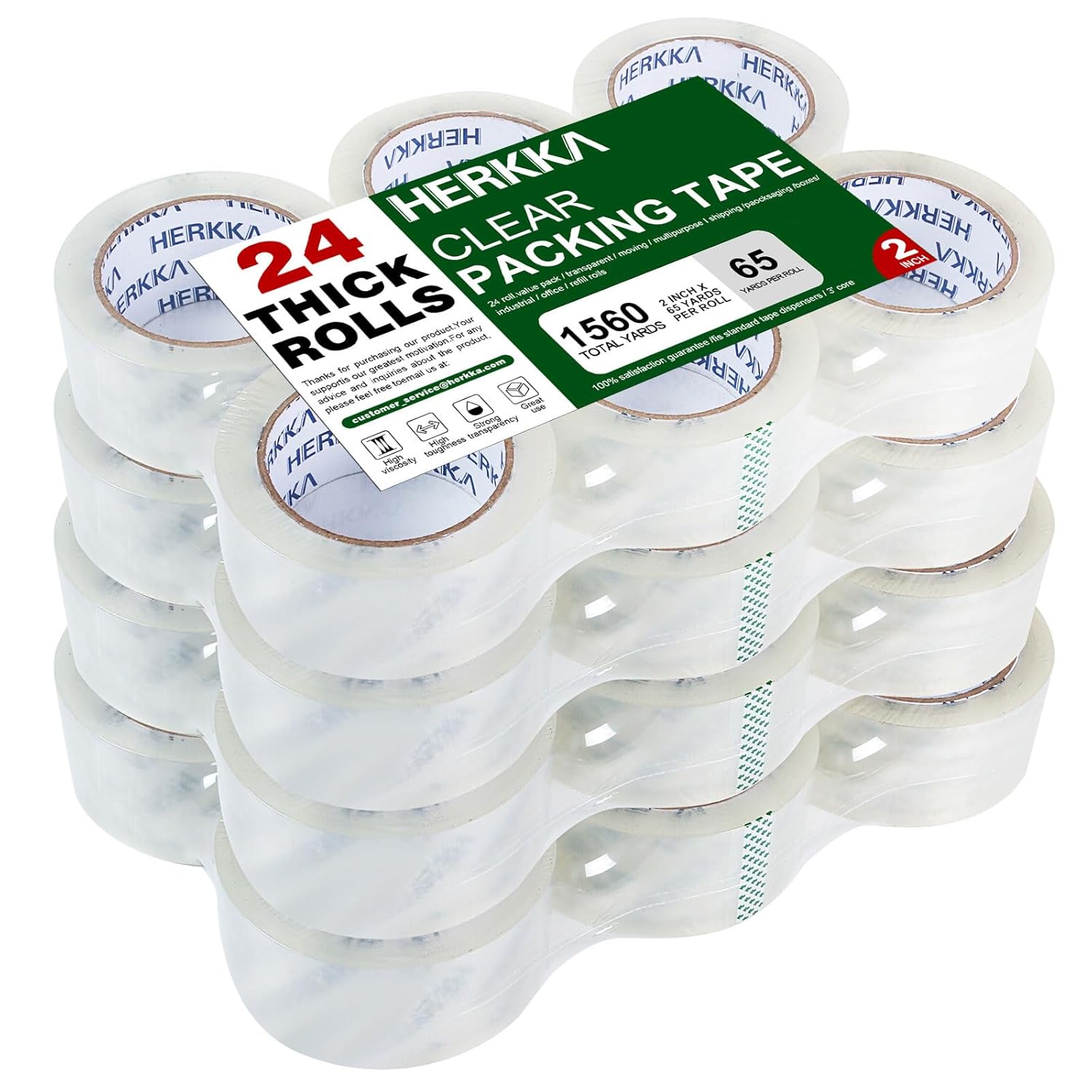 HERKKA Clear Packing Tape, 24 Rolls Heavy Duty Packaging Tape for Shipping Packaging Moving Sealing, Thicker Clear Packing Tape, 2 inches Wide, 65 Yards Per Roll, 1560 Total Yards