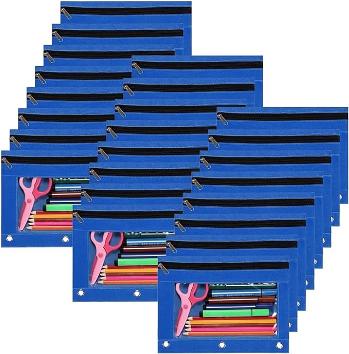 YoeeJob Binder Pouches for 3 Ring Binder, Pencil Pouch Pen Holder Case with Clear Window, Zipper Stationery Bag for School Class Office,24 Pack, Blue