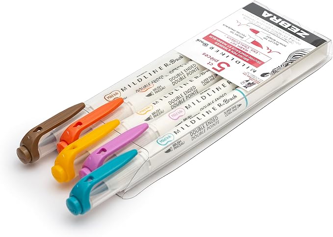 Zebra Pen Mildliner Brush Marker, Double Ended Brush and Fine Tip Pen, Assorted Warm Colors, 5 Pack