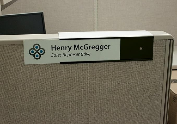 Quality Aluminum, Changeable Cubicle Nameplate Holder, Satin Silver Base, and Matte Black Name Plate Holder, Guaranteed Not to Crack (2" Cubicle Wall Depth)