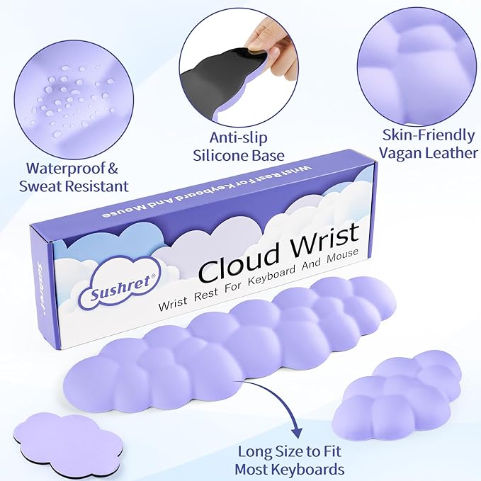 Cloud Wrist Rest Keyboard, Cloud Palm Rest Set with PU Leather Memory Foam, Cute Keyboard Rest for Wrist Support and Arm Rest, Desk Cloud Wrist Pad for PC/Gaming/Hand Cushion/Computer-Purple