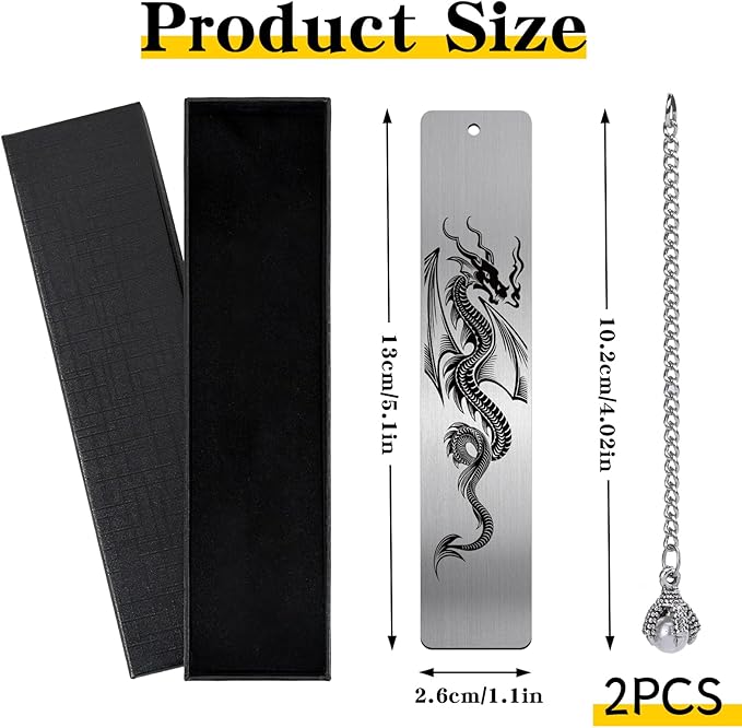 Dragon Metal Bookmark Gift - 2 PCs Cool Bookmarks for Reading Men Boys Fantasy Novel Dragon Lovers Readers Book Marks Pendant Bookish Students School Supplies Book Club Christmas Birthday