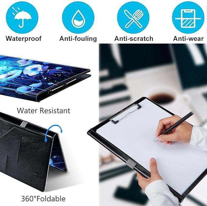 PU Leather Padfolio Clipboard Notepad with Pen Loop and Elastic Strap Interview/Resume Document Organizer for Business School Office,Blue Flowers