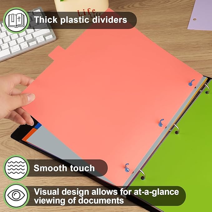 HABGP 96Pcs/12 Set 8 Tab Dividers for 3 Ring Binder, 96 Pcs Multicolor 3 Ring Binder Dividers with Tabs, Page Folder Dividers, Plastic Tabbed File Dividers with Tabs, Three Ring Binder Index Dividers