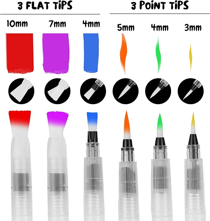 Mr. Pen Watercolor Brush Pens, 6 pcs, Pointed & Flat Tips, Nylon Bristles, White, Refillable, Portable Ink/Water Brush