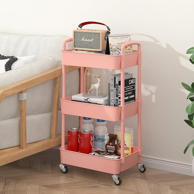 Sywhitta 3-Tier Plastic Rolling Utility Cart with Handle, Multi-Functional Storage Trolley for Office, Living Room, Kitchen, Movable Storage Organizer with Wheels, Pink