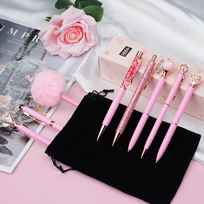 WEMATE 8Pcs Ballpoint Pens Set Metal Crystal Diamond Glitter for Journaling Pink Pen Bling in Black & Blue Ink Pretty Cute Fancy Gifts for Women Wedding School Office Desk(Pink)