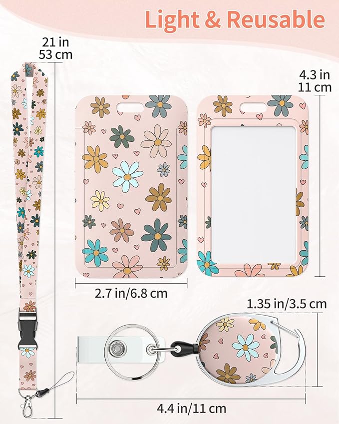 Uniclife 2 Pack Floral Sliding Badge Holder Flower Plastic Case with Retractable Badge Reel Carabiner Clip and Detachable Lanyard Strap Hard Vertical Card Protector for Women Nurse Teacher
