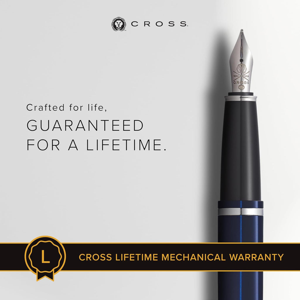 Cross Calais Refillable Fountain Presented in a Luxury Gift Box - Medium Point, Black Ink, Chrome & Blue