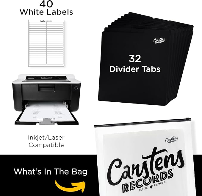 Heavy Duty Vinyl Record Dividers | 12" LP Record Dividers with Tabs | Pack of 32 Vinyl Record Separators| Black | Made in The USA | Vinyl Record Organizer Tabs | Personalizable