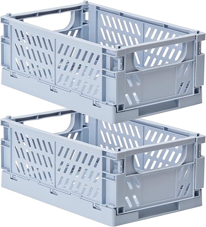 2-Pack Small Pastel Plastic Storage Baskets, Collapsible Crates for Organizing, Space-Saving Mini Bins for Classroom, Kitchen, Office, Bedroom (Blue, 9.8" x 6.5" x 3.8")