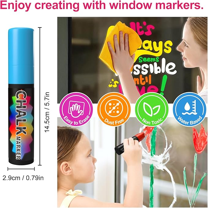 FansArriche Window Markers - 15mm Jumbo - 3 Pack of Neon Chalk Pens - Liquid Chalk Bright Car Markers, Chalkboard Markers for Windows, Blackboard, Glass, Signs, 3-in-1 nib